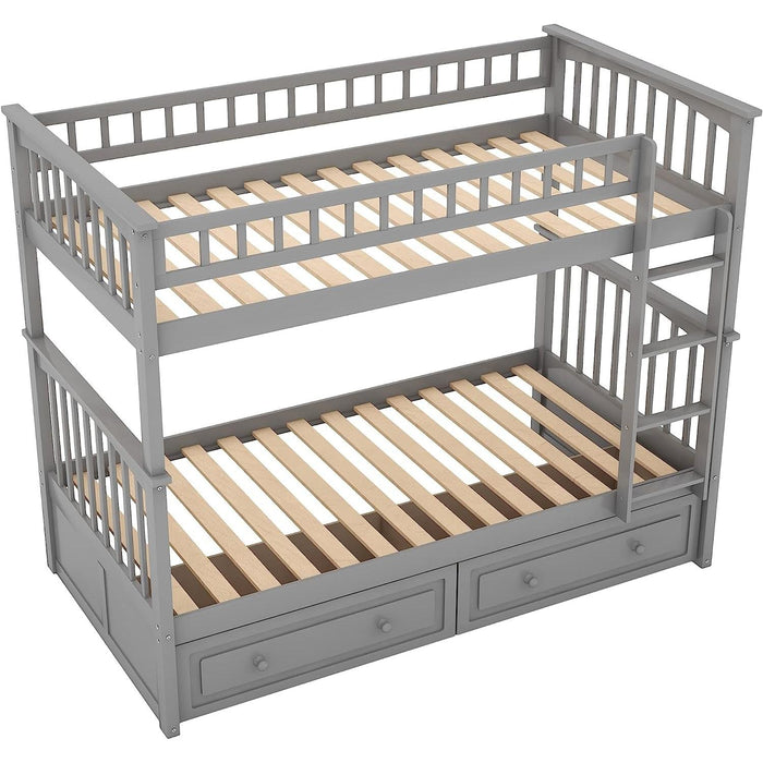 Grey Twin Bunk Bed with Storage, Drawers, and Safety Rail