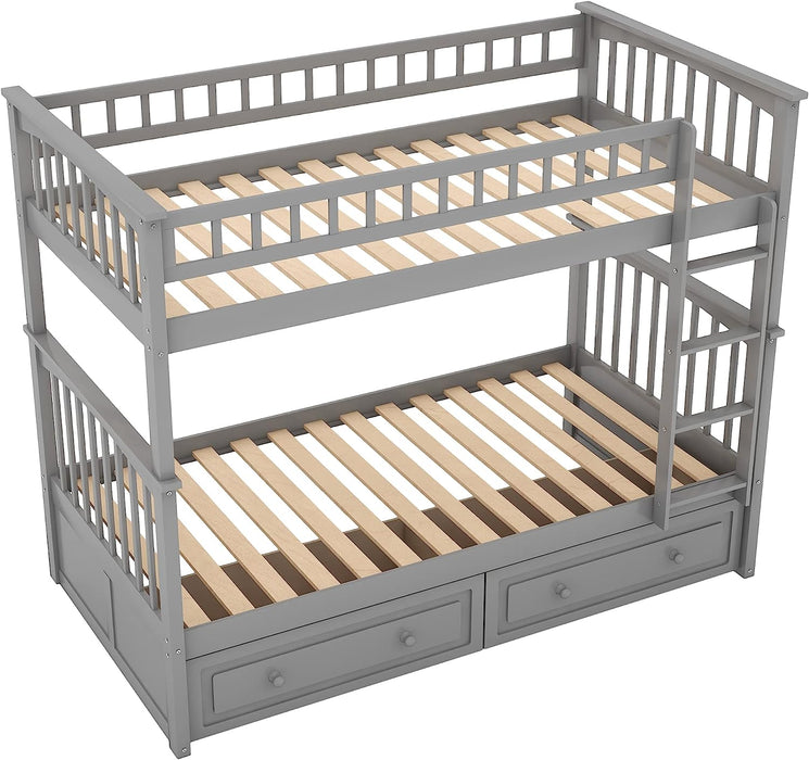 Grey Twin Bunk Bed with Storage, Drawers, and Safety Rail