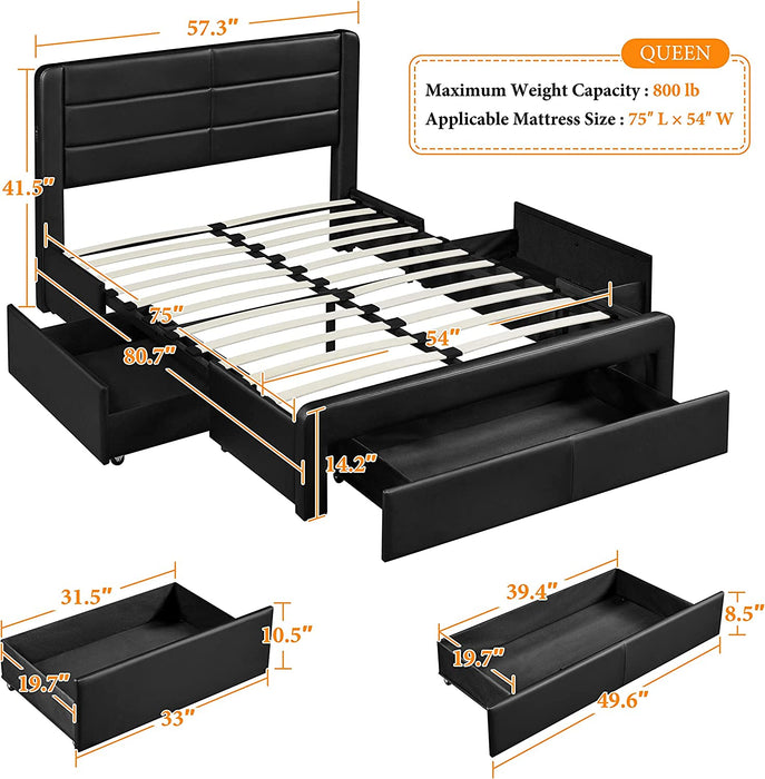 Full Size Leather Upholstered Platform Bed Frame, 3 Storage Drawers