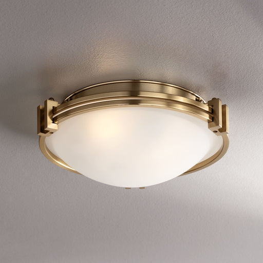 Modern Art Deco Ceiling Light Flush Mount Fixture Warm Brass 12 3/4" Wide Satin White Glass Bedroom Kitchen
