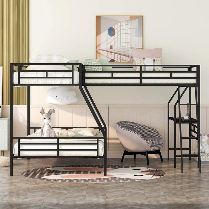 L-Shaped Metal Triple Bunk Bed, Twin over Full, Desk, Black
