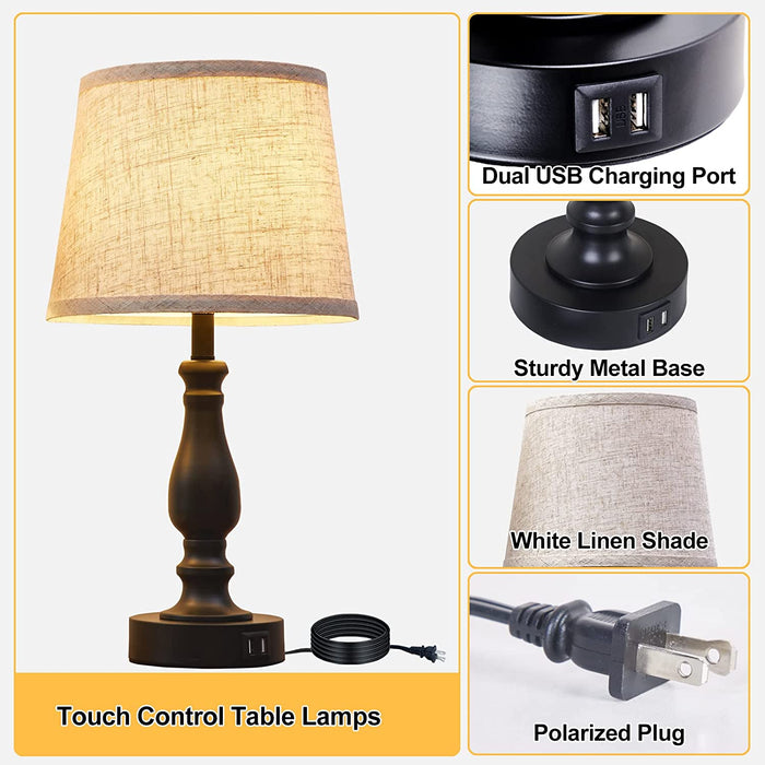 Table Lamps for Bedroom Set of 2 with USB Charging Ports