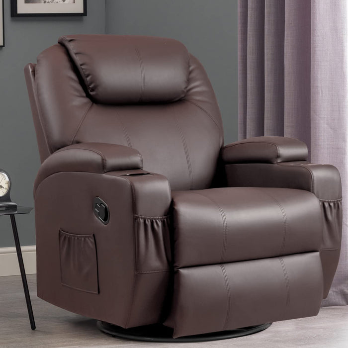 Swivel Rocker Recliner W/Massage, Heat, Remote, Cup Holders, Brown