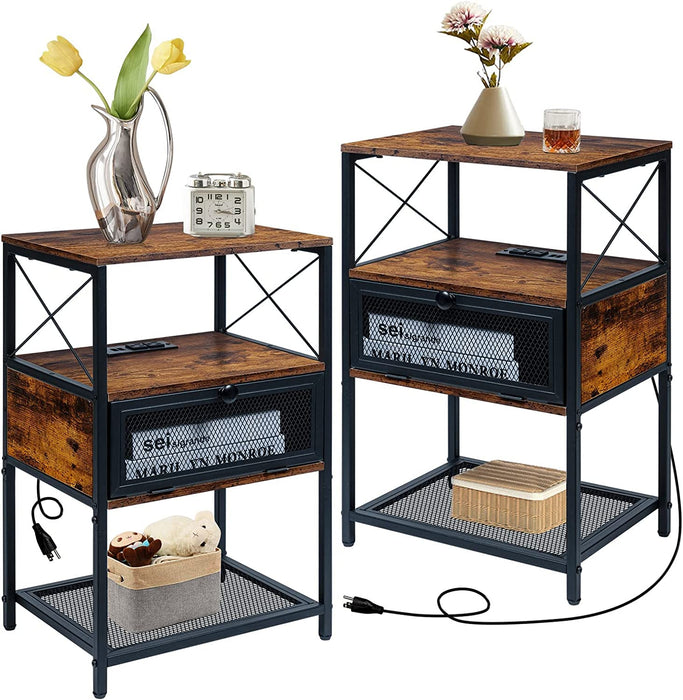 Rustic Brown Nightstands Set of 2 with Charging Station