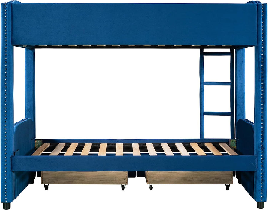 Upholstered Twin Bunk Bed with Drawers, Blue