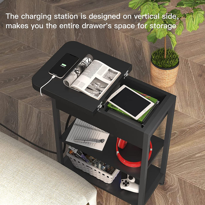 End Table with Charging Station, Flip Top Side Table for Small Spaces, Black