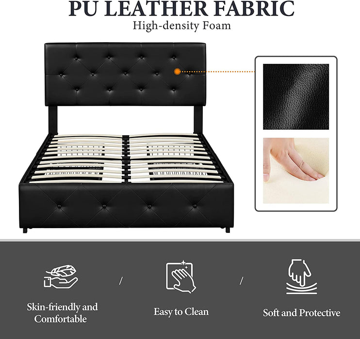 Black Full Size Upholstered Platform Bed with Drawers