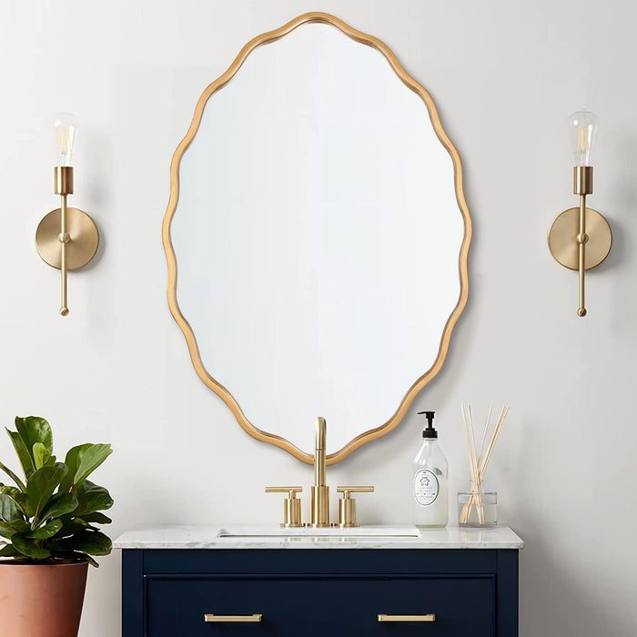 24 * 36 Inch Brushed Gold Oval Ripple Bathroom Mirror Wall Mounted Large Modern Countryside Suitable for Washroom, Bedroom, Living Room, Entryway