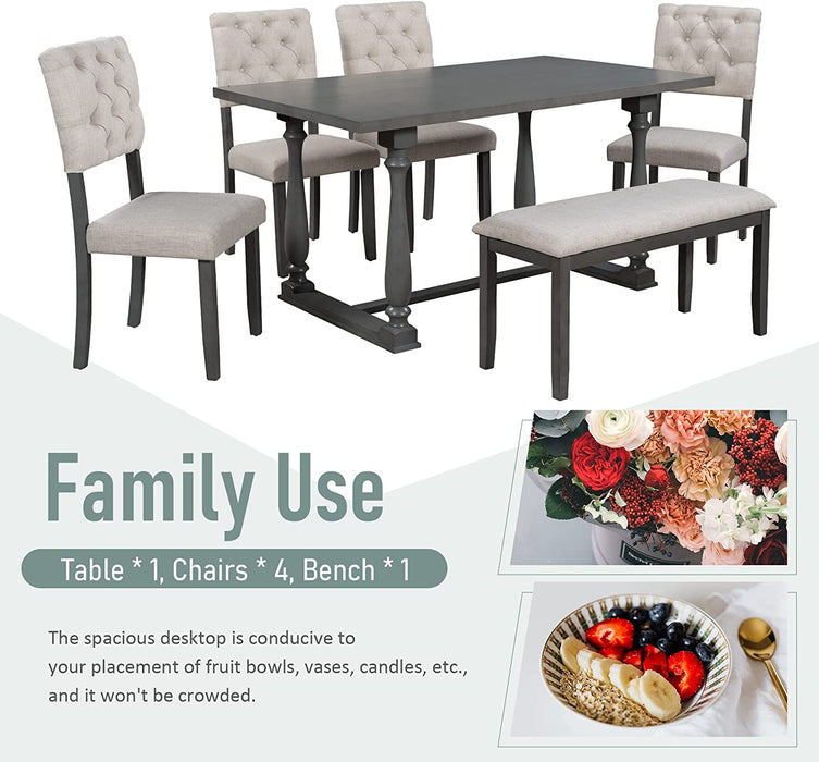 6-Piece Wooden Dining Table Set with Bench, Gray