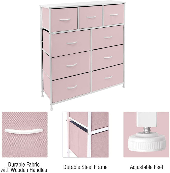 Solid Pink 9-Drawer Dresser with Fabric Bins