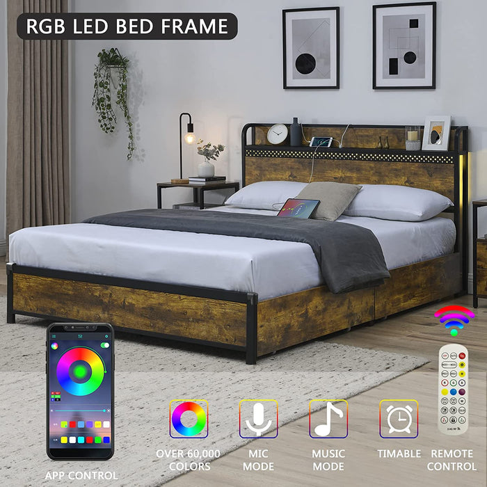 Full Storage Bed Frame with LED Lights, 4 Drawers