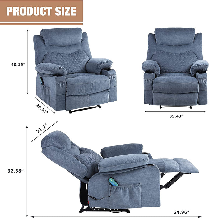 Overstuffed Recliner Chair W/Massage, Heat, Cup Holders, Blue