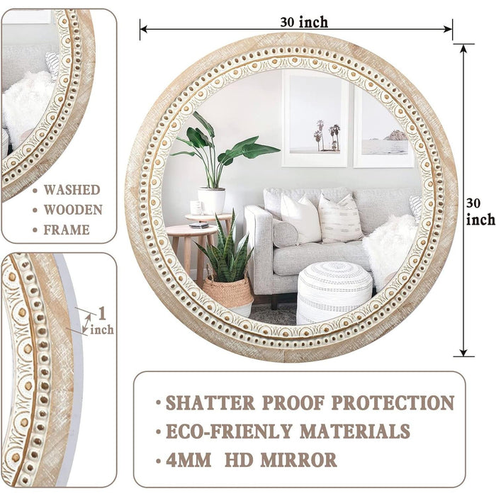 30-Inch Wooden Round Mirrors for Wall Decor, Farmhouse Rustic Large Mirror with White Wash Beads - Ideal Circle Bathroom Mirrors for Over Sink Decorative Mirror for Bedroom, Living Room, and Entryway
