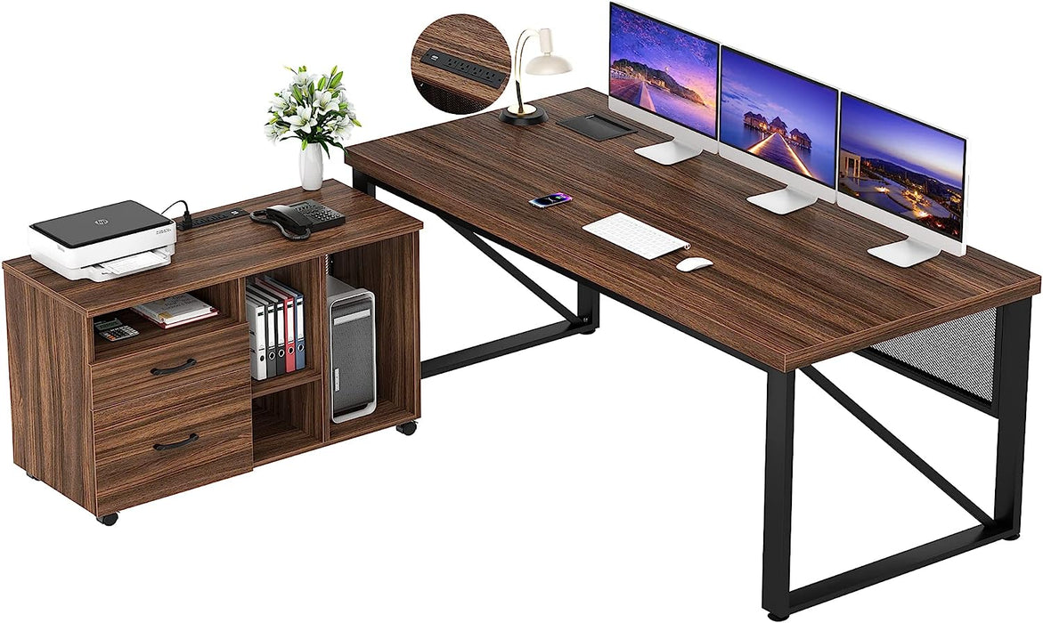 Rustic Oak L-Shaped Executive Desk with Cabinet