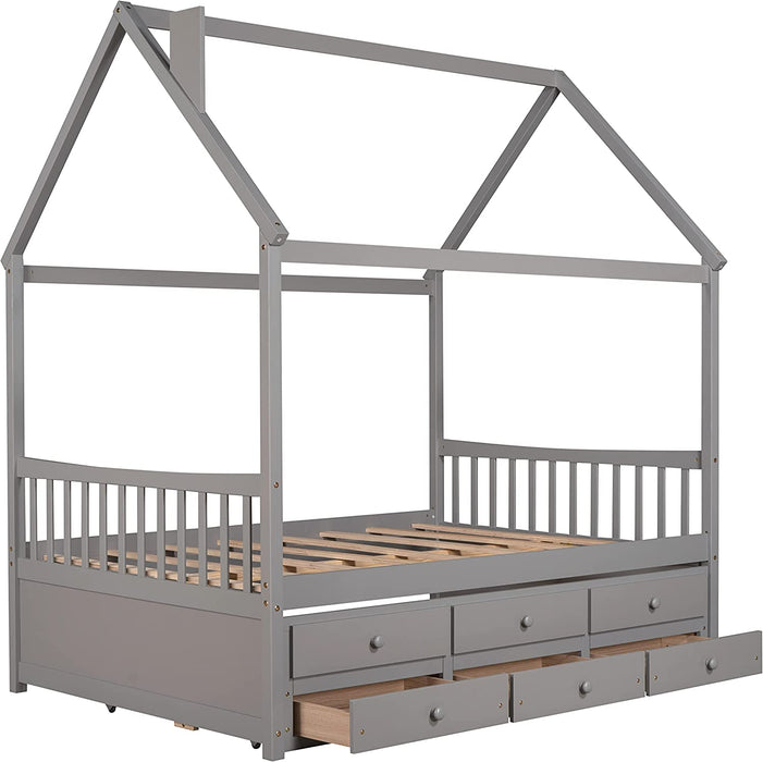Gray Full House Bed with Trundle and Storage Drawers