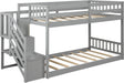 Twin over Twin Junior'S Low Bunk Bed, Storage Stairs, Wood, Grey