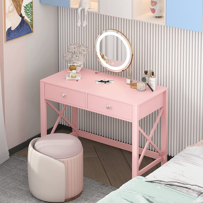 Pink Modern Writing Computer Desk with Drawers