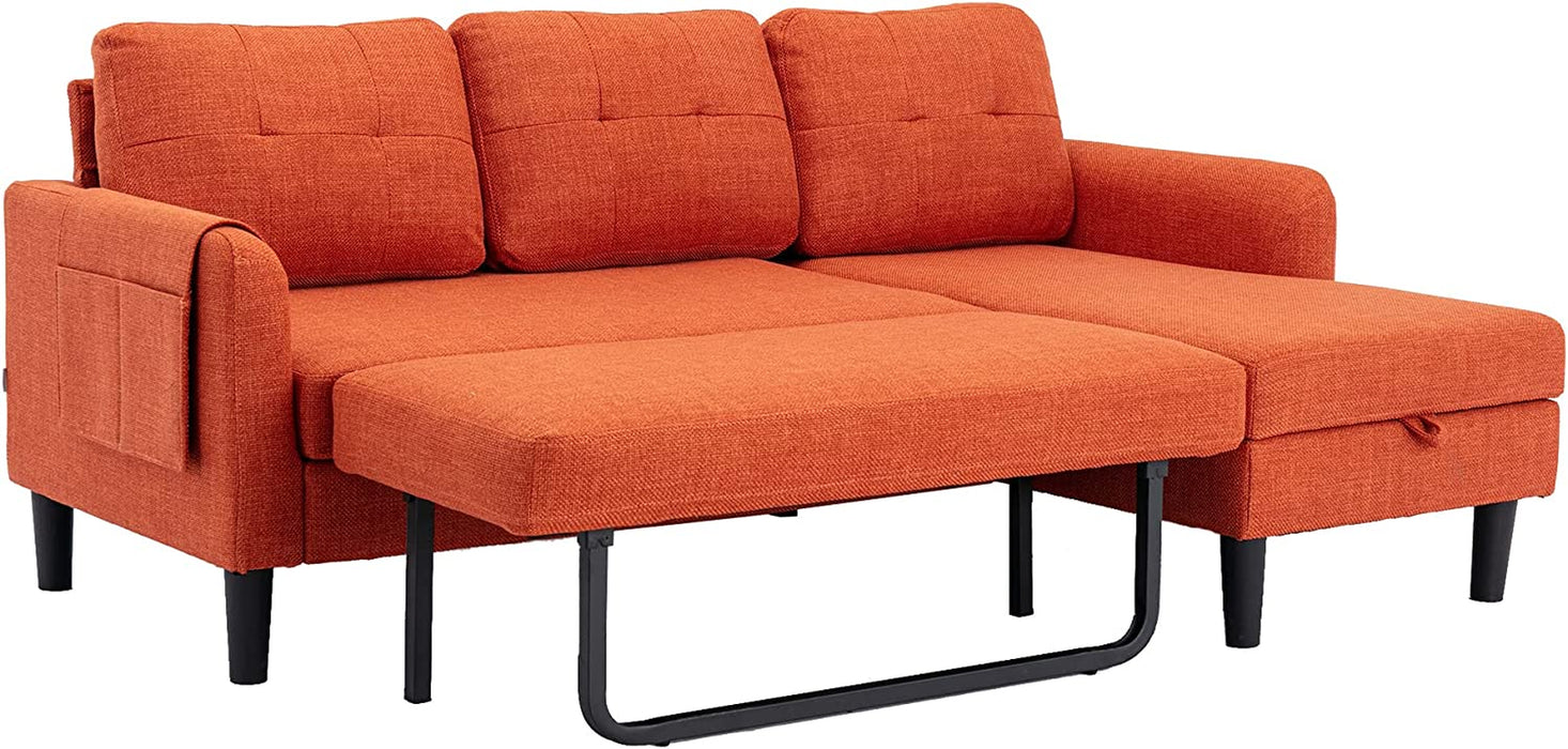 Orange Fabric Sleeper Sofa With Storage