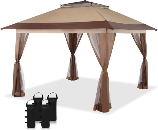 13X13 Outdoor Pop up Gazebo Base 10X10 Patio Gazebos Patented Center Lock Quick Setup Wheeled Sto-N-Go Cover Bag Instant Canopy Tent with Mosquito Nettings (13X13, Beige & Coffee)