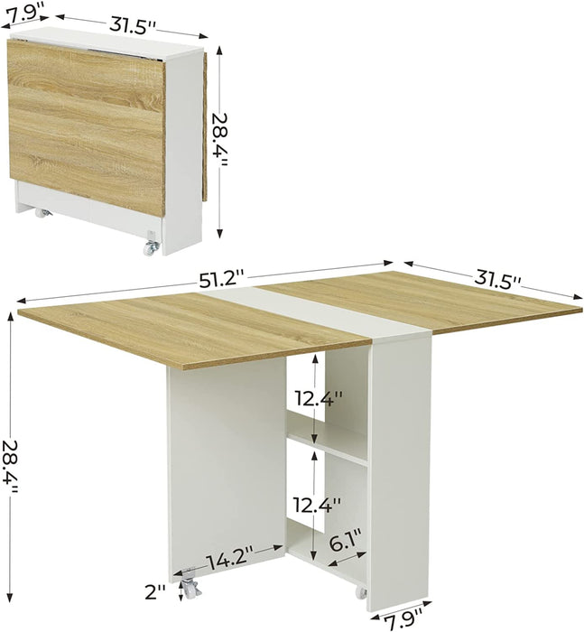 Folding Dining Table with 6 Wheels and 2 Storage Racks