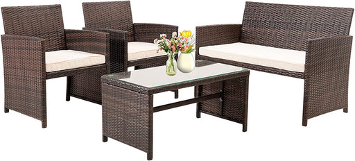 4pcs Outdoor Wicker Patio Furniture Sets with Glass Coffee Table, Rattan Chair Wicker Furniture for Garden Backyard Poolside Balcony Porch Patio