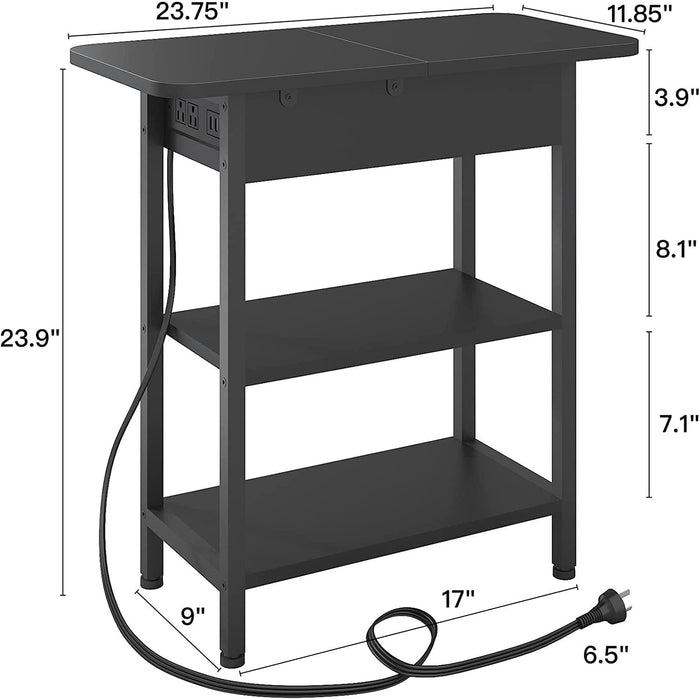 End Table with Charging Station, Flip Top Side Table for Small Spaces, Black
