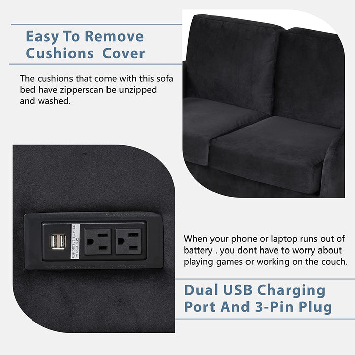 Black Love Seat with Sleeper, USB and Plug