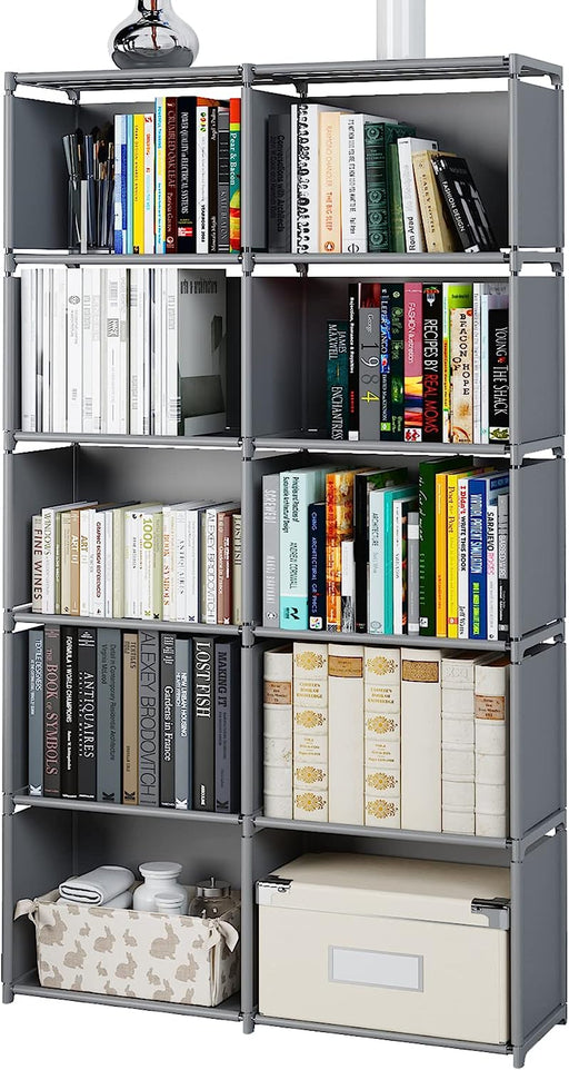 Double Row Bookshelf with 10-Grid Storage (Grey)