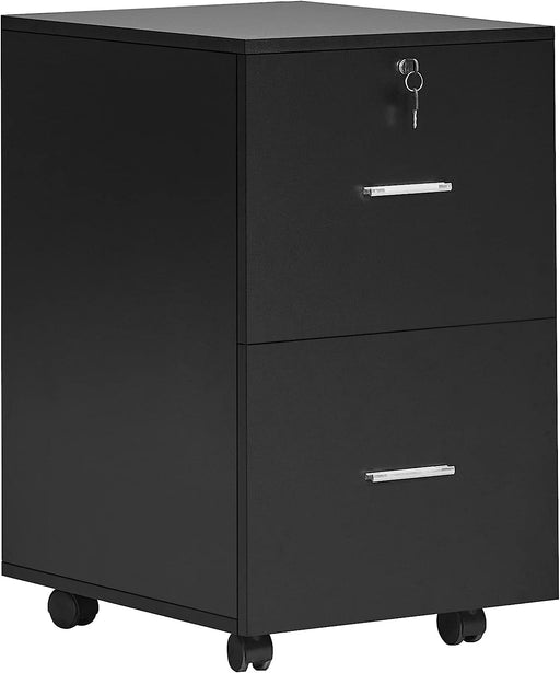 Black Wooden 2-Drawer Rolling File Cabinet with Lock