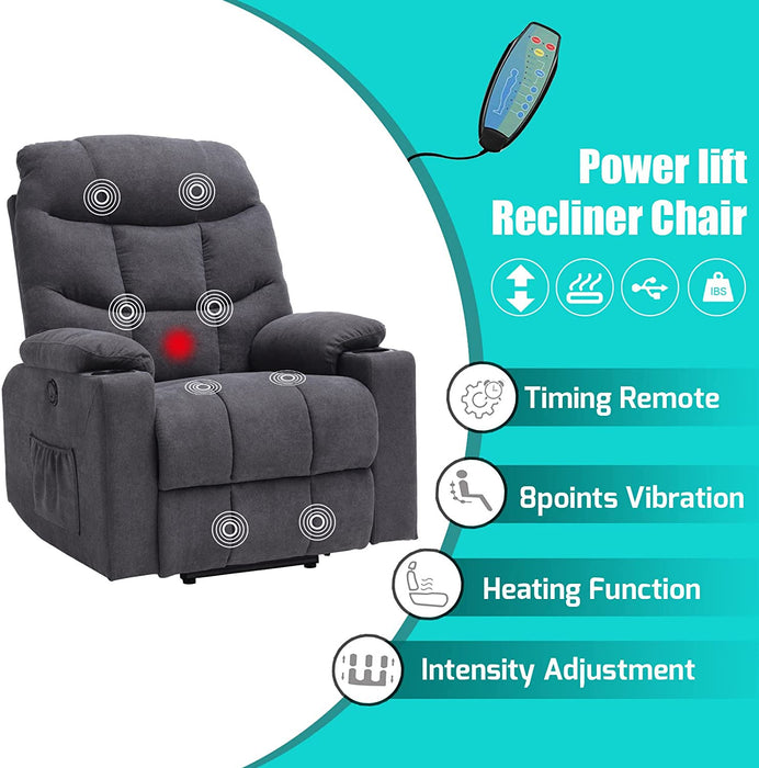 Grey Blue Power Lift Recliner with Heat & Massage