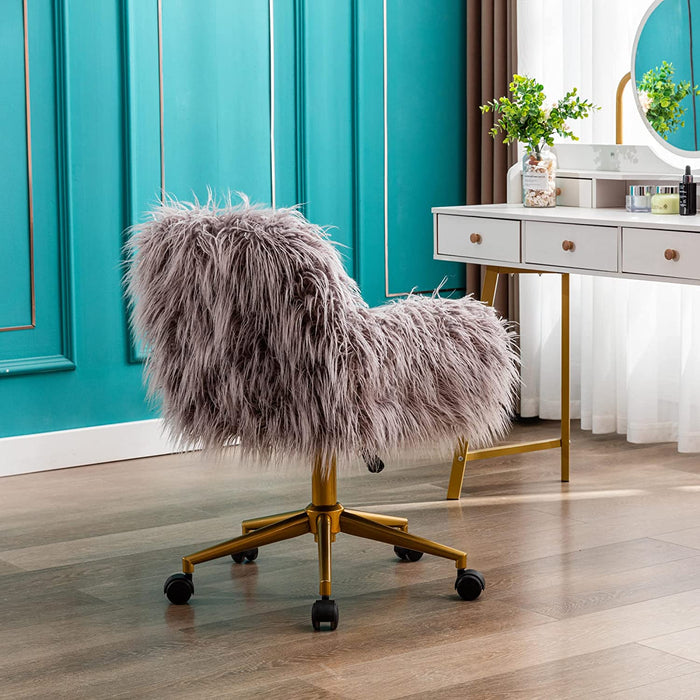 Gray Faux Fur Swivel Chair for Home Office