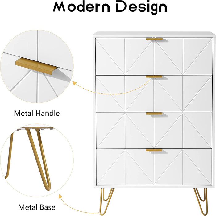 4 Drawer Dresser, White, Chest with Sturdy Frame