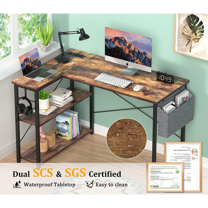 Rustic L-Shaped Desk with Outlets & USB Ports