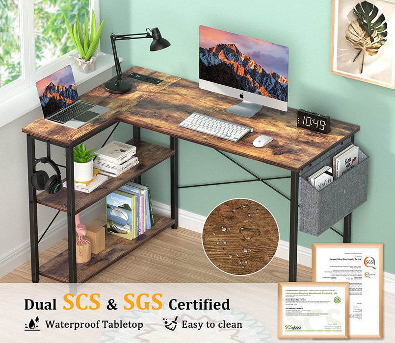 Rustic L-Shaped Desk with Outlets & USB Ports