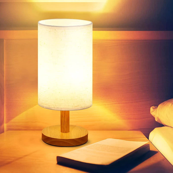 Table Lamp for Bedroom with Wood Stand and Flaxen Fabric Shade