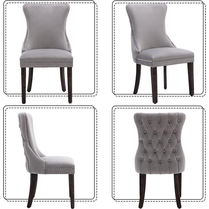 Set of 2 Light Gray Velvet Tufted Wingback Dining Side Chairs, Nailhead, Solid Wood Legs