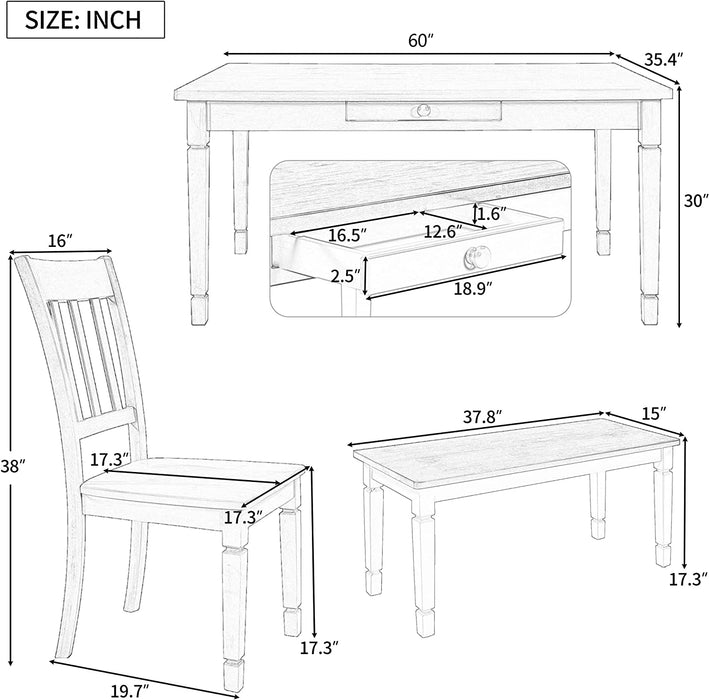 Brown and Cottage White 6-Piece Wood Dining Room Table Set with Drawers, Bench, and 4 Chairs