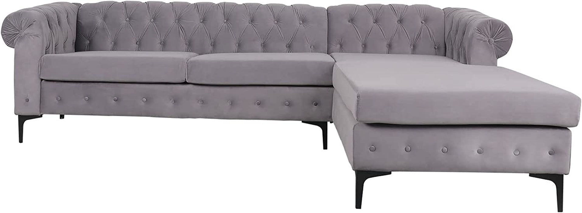 L-Shaped Velvet Chesterfield Sectional Sofa, Dark Gray