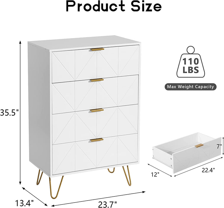 4 Drawer Dresser, White, Chest with Sturdy Frame