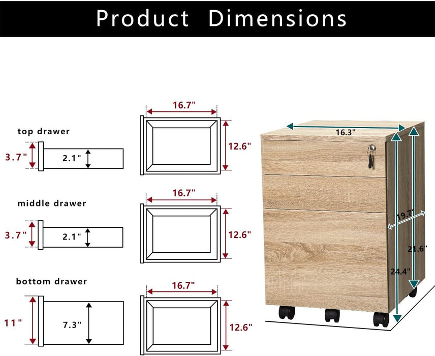 Oak Wood Mobile File Cabinet with Drawers