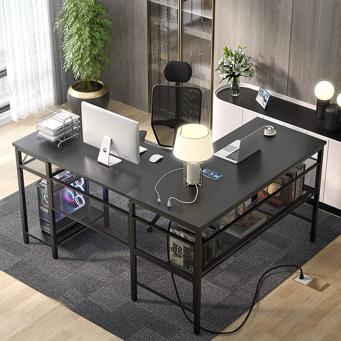 L-Shaped Desk with USB and Power Outlet, Black