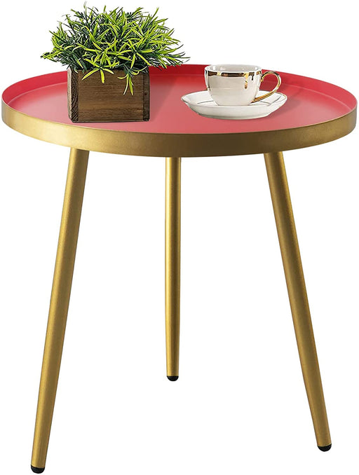 Red Metal Tray End Table with Gold Legs, Round