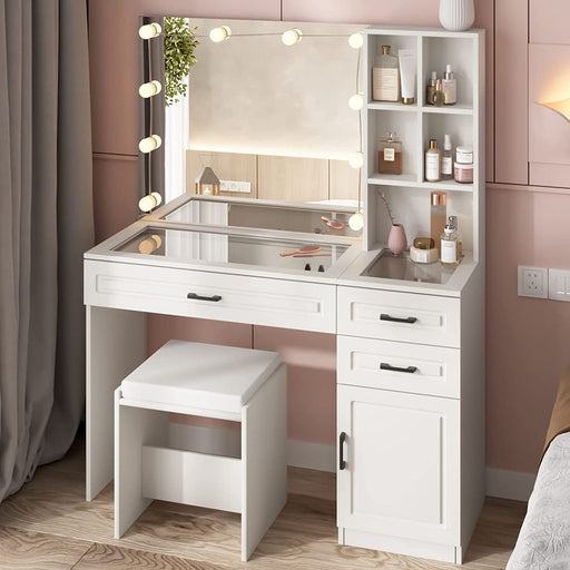 White Vanity Table Set with Glass Top