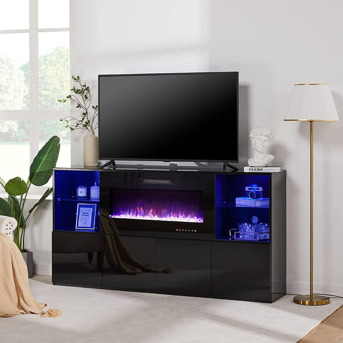 Modern TV Stand with Electric Fireplace and LED Lights