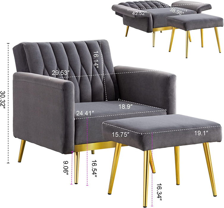 Grey Velvet Accent Chair with Ottoman and Armrests