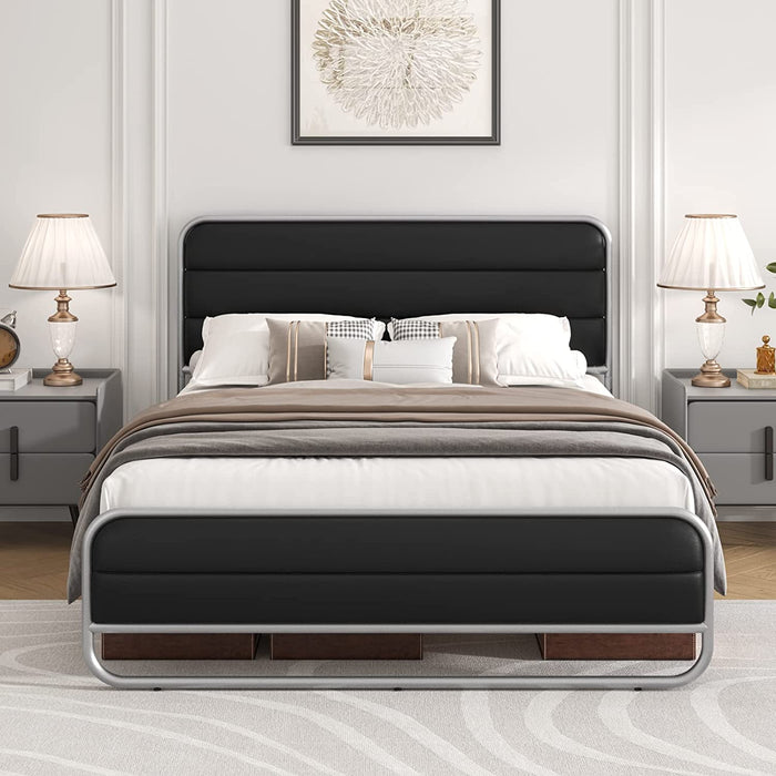 Black Full Heavy Duty Upholstered Platform Bed Frame W/ Headboard and Footboard
