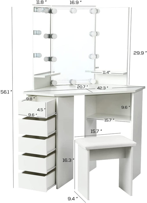 Vanity Desk Set with Lighted Mirror & Shelves