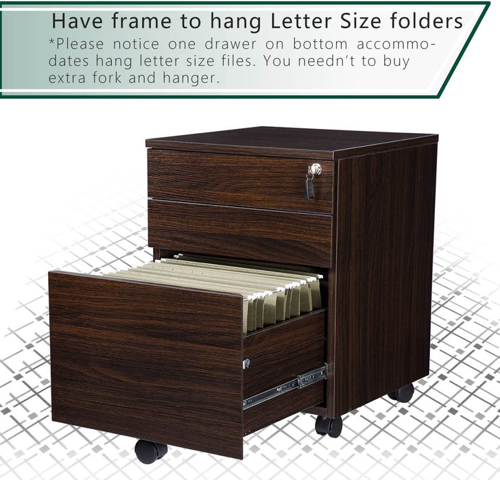 Walnut Mobile File Cabinet with 3 Drawers