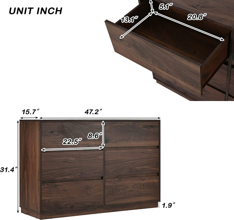 Mid-Century 6-Drawer Dresser, Dark Brown