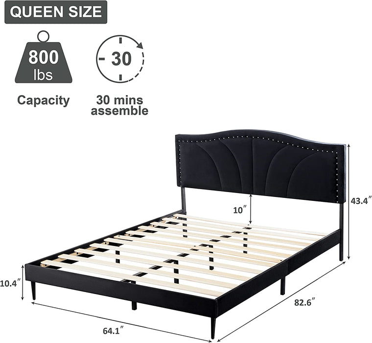 Velvet Upholstered Queen Platform Bed Frame
